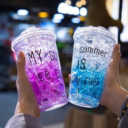 Summer Ice Cream Water Bottle With Straw Lid Double-layer Plastic Tumbler Portable Leakproof Outdoor Water Bottle BPA Free