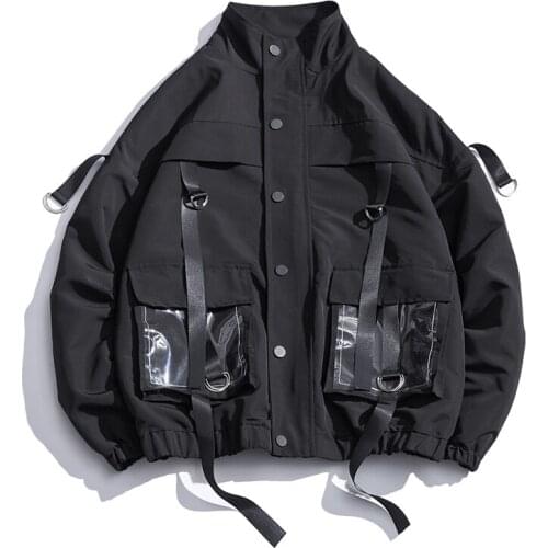 2021 Men Military Jacket Coats Casual Windbreaker Ribbons Pockets Mens Overalls Bomber Jacket Hip Hop Streetwear Man Outwear