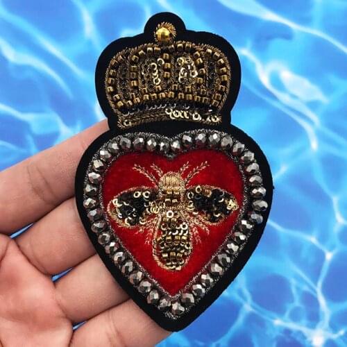 Beaded Sequin Paillette Crown Bee Heart Pattern Patches Embroidery Applique Badges Clothes Decorated Craft Sewing
