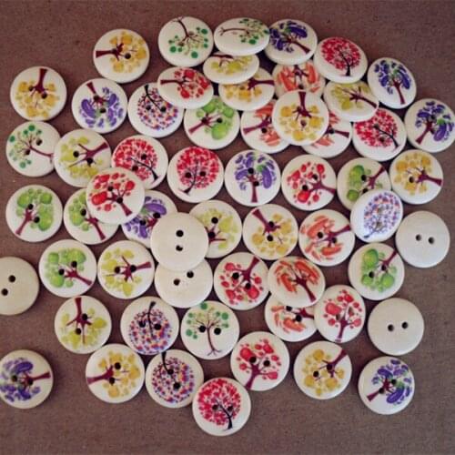 2015 NEW 100pcs 15mm 2 Holes Mixed Tree Round Wooden buttons For handmake Scrapbooking Crafts