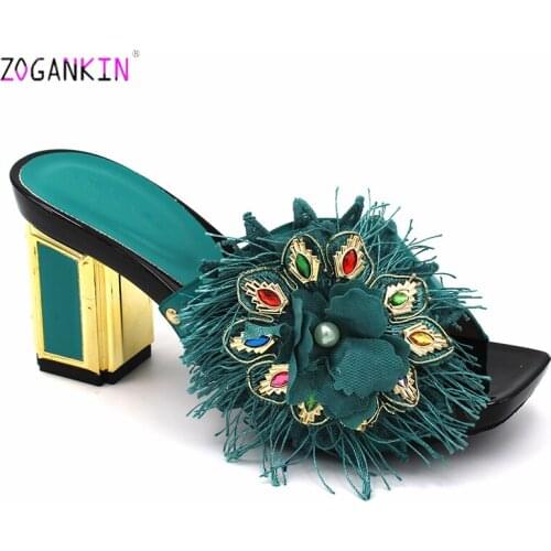 Teal Color New Arrivals Comfortable Heels African Women Shoes with Appliques Retro Style Pretty Women Slipper For Party