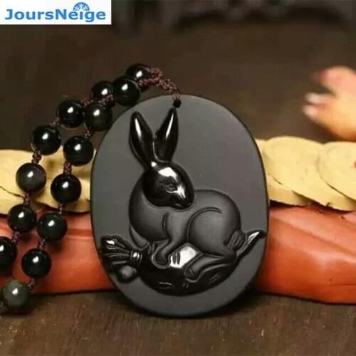 JoursNeige Natural Scrub Obsidian Stone Rabbit Pendant Necklace Women Men Obsidian 6mm Beads Chain Fashion Jewelry Accessories