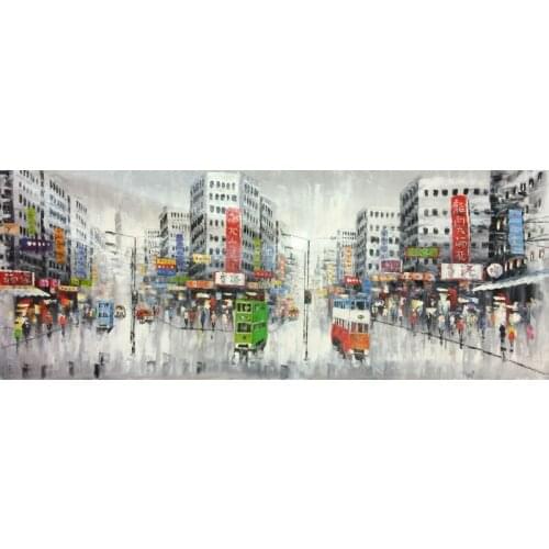 Hand Painted Oil Painting on Canvas Abstract Hong Kong Trams Street Canvas Painting Wall Art Picture Paiting for Home Decoration