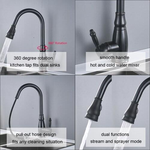 Vidric Black Kitchen Faucet Pull Out Kitchen Faucet Single Handle Hot Cold Water Mixer 360 Rotation Torneira Cozinha Rotate Tap