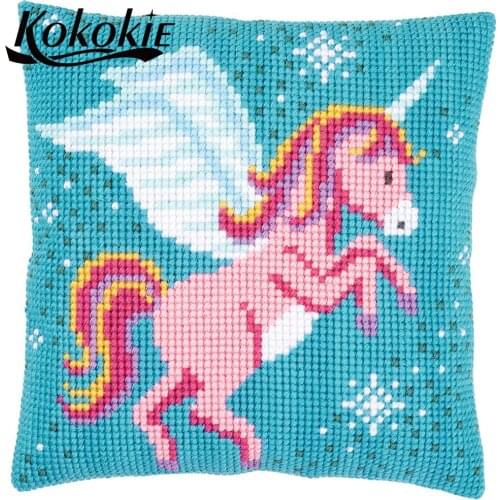 Handmade cross stitch kits pillow cushion embroidery needlework set cotton embroidery yarn pillowcase unicorn throw pillowcase