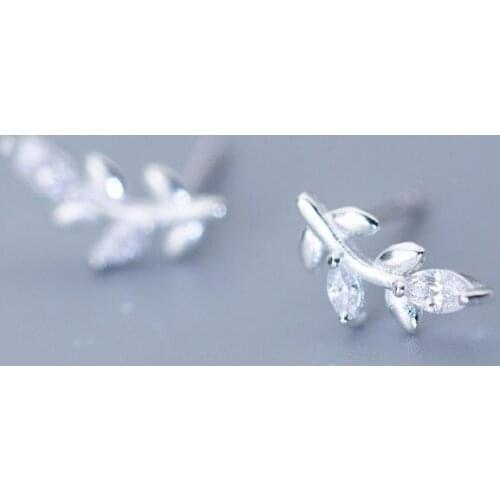 MloveAcc 100% 925 Sterling Silver Tiny Leaves Clear CZ Stud Earrings for Women Girl Trendy Fashion Silver Jewelry Gift