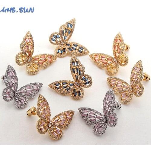 MHS.SUN Mosaic Zircon Butterfly Stud Earrings For Women/Girls Fashion Luxury Full CZ Earrings Gold/Silver Color Jewelry 1Pair