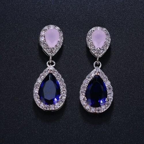 Emmaya New Style Pink and Blue Water Drop Crystal 3 Colors Zirconia Drop Earrings Bridal Wedding Jewelry for Women Wholesale