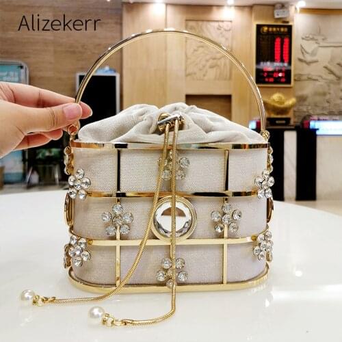 Flower Rhinestone Evening Bags For Women 2020 Luxury Designer Crystal Metal Cage Clutch Purses And Handbag Ladies Wedding Party