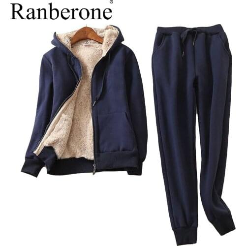 Ranberone 2 Piece Women Tracksuit Solid Color Zipper Sportswear Winter Warm Long Sleeve Thicken Pocket Sport Suit Female New