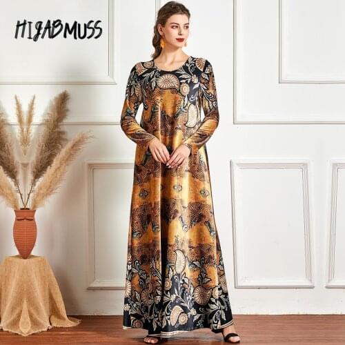 Fashion Ladies Morocco Dubai Long Skirt Gold Velvet Printed Long Sleeve Fashion Printed Big Plaid Dress Jalabiya Muslim Dress