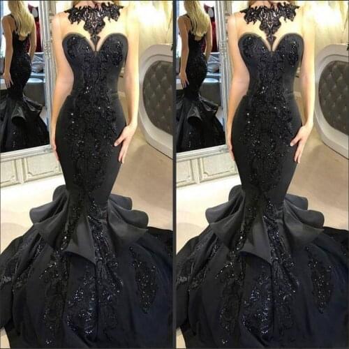 2020 New Stunning Black Long Evening Dresses Beaded Appliqued Cascading Ruffled Mermaid Court Train Backless Formal Party Prom G