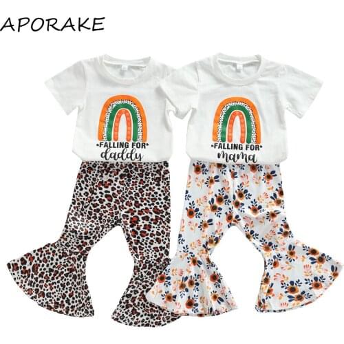 2021 1-6Y Sweet Kids Baby Girl Clothing Set Letter Rainbow Print Short Sleeve T-shirt+Floral/Leopard Flare Pants Summer 2pcs