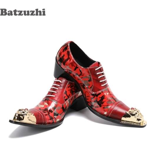 Batzuzhi Luxury Handmade Mens Shoes Golden Iron Toe Punk Leather Dress Shoes Lace-up Red Party, Wedding Shoes Men,Big US6-US12