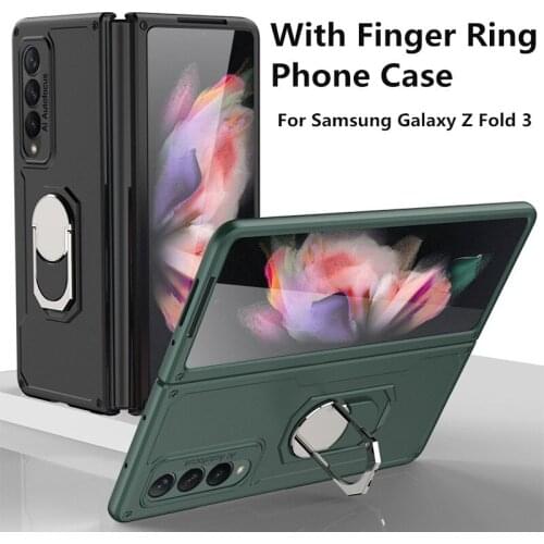With Finger Ring Phone Case For Samsung Galaxy Z Fold 3 5G Cover PC Hard Solid Color Fold Holder Shell Shockproof Fitted Men Hot