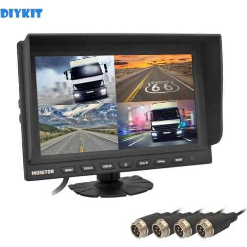 DIYKIT 4CH 4PIN DC12V-24V 9" 4 Split Quad LCD Screen Display Color Rear View Car HD Monitor For Car Truck Bus Reversing Camera
