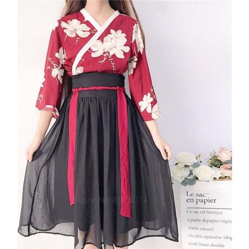 2pcs Japanese Style Kimono Women Dress Fashion Floral Print Haori Girls Top Skirt Outfits Full Sleeve Japanese Dresses Girls