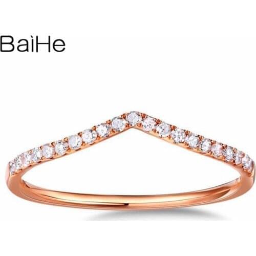 BAIHE Solid 14K Rose Gold 0.13CT H/SI Round Natural Diamonds Ring For Women кольца Casual/Sporty V Ring кольцо