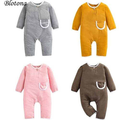 Blotona Unisex Infant Baby Spring Fall Jumpsuit, Solid Color O-Neck Long Sleeves Rompers with Pocket for Girls, Boys, 0-24Months