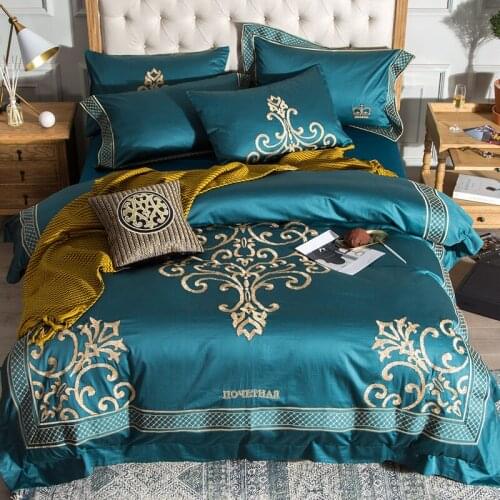 Green 80S Egyptian Cotton Tribute silk Luxury Royal Bedding Set 4/6Pcs King Queen Embroidery Bed Sheet Duvet cover Pillowcase