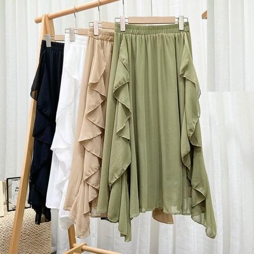 2021 Summer New Style Chiffon Skirt Ruffles Solid Color High Waist Irregular Midi Skirts Female Fashion Korean Thin A-Line Skirt
