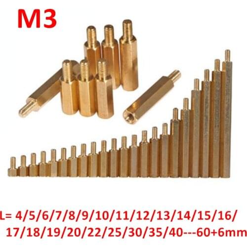 M3 Hex Brass standoff spacer Male 6mm x Female 3-60mm Copper Hexagon Stud Spacers Copper Hollow Pillars PCB Board M3*(4-50)+6mm
