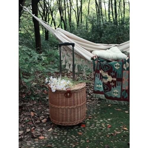 Rattan Multifunctional Storage Basket with Wheels Ins Outdoor Picnic Props Shopping Basket with Lid Trolley Picnic Basket