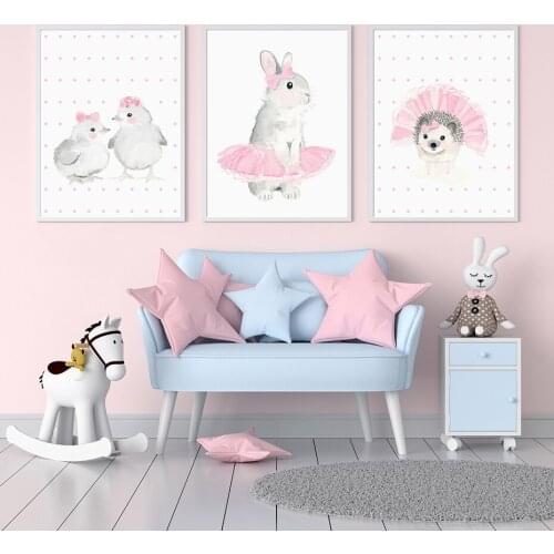 Cartoon Cat Rabbit Hedgehog Animal Pink Posters Nursery Canvas Painting Wall Art Print Pictures Kids Room Bedroom Decoration