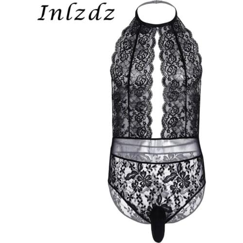 Mens Lingerie Sissy Crossdress Bodysuit Hot Sexy Bodysuit Halter Neck See Through Bodysuit Sissy Bodysuit Exotic Costume for Sex