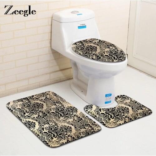 Zeegle Classical European Pattern 3Pcs Toilet Rug Set Bathroom Carpet Non-slip Floor Mat Absorb Bath Mats Sponge Toilet Cover