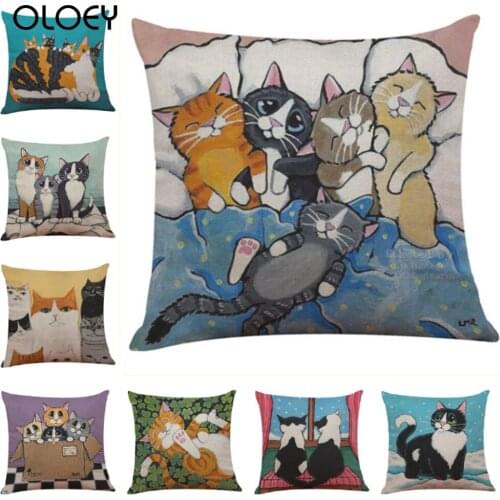 Cartoon Cat Cotton Linen Pillow Cover Kitten Printed Cushion Cover Kitty Mom Kids Family Retro Pillow Case 45X45CM