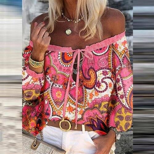 New Fashion Women Boho Blouse Fashion Retro Print Front Lace-up Women Blouse Thin Off Shoulder Flare Sleeve Summer Shirts
