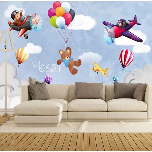 Custom 3D wallpaper cute cartoon catching balloon bear child room background wall painting - high-grade waterproof material