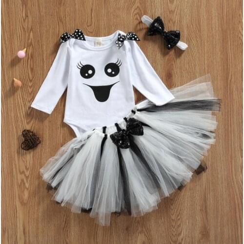 Halloween Baby Girls Casual Outfits Cartoon Long Sleeve Round Neck Romper with Bowknot Tulle Skirt Headband Halloween Costume