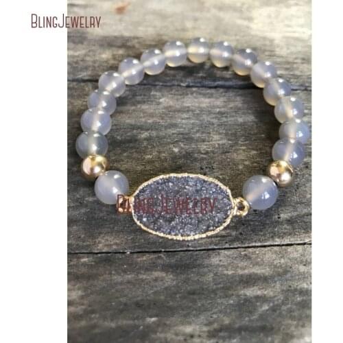 Druzy Stretch Bracelet Gray Agates Beaded Bracelet BM21019