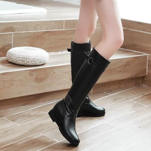 Fall Winter Fashion Knee Boots Ladies New Inner Increase Round Toe Womens Boots Low Heel Platform Zipper Women Shoes