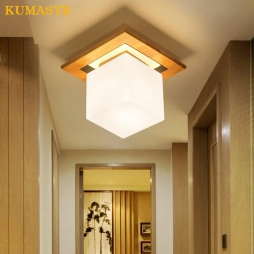 Modern Square Wood Glass Lampshade LED Ceiling Light Fxitrue Home Indoor Lighting Study Balcony Porch Aisle Ceiling Lamp