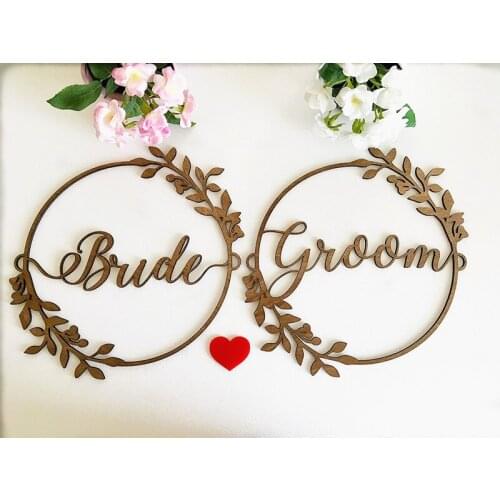 Bride and Groom Chair Signs for Weddings Laurel Wreath Circle Hexagon Large Calligraphy Sign Boho Wood Hanging Sign Laser Cut