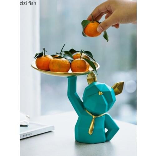 Creative black green geometric dog fruit tray sculpture resin crafts cute animal metal storage tray figurines home decoration