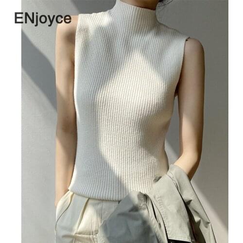Woman Knitted Turtleneck Sweater Vest 2021 Spring Female Sleeveless Waistcoat Korean Style New Pullover Crop Top Sweaters