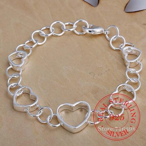 925 Sterling Silver Fashion Heart Cuff Beads Chain Charm Bracelet for Women 20cm for Teen Girls Lady Gift Women Fine Jewelry