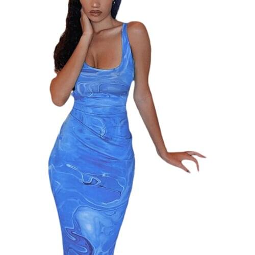 Women’s Casual Sleeveless Long Dress Fashion Printing Square Collar Backless Tight Dress Street Casual Long Dress For Party Club