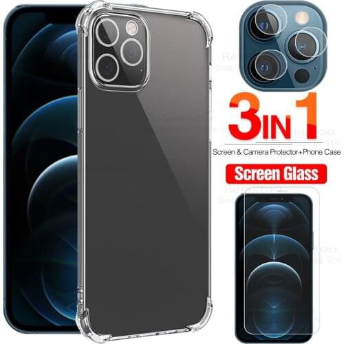 3in1 case protective glass i phone 12 mini Glass lens screen Protector for iphone 12 pro max safe film 12mini 12pro phone cover