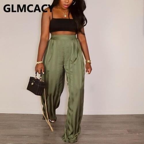 High Waist Striped Casual Slim Pants Chic Silky Trousers