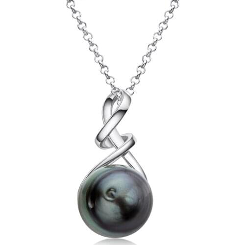 Lnngy 925 Sterling Silver Chain Necklace 12mm Tahitian Spiral Black Pearl Pendant Necklace Women Jewelry Necklace Elegant Gifts