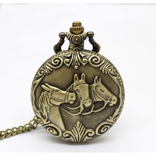 Three Horses Fob Watches Fashion Quartz Pocket Watch Vintage Necklace Pendant Clock Gift Bronze Pocket Watch Chain Necklace