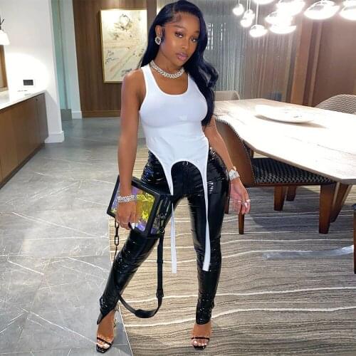 Black Bright PU Leather Skinny Pencil Pants Women High Waist Zipper Split Hem Fitness Trouser Streetwear Stretchy Tight Bottoms