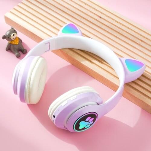 Glowing Light Cute Cat Bluetooth Kid Headphone with Mic Can Close LED Girls Music Bass Helmet Phone Tablet Wireless Headset Gift