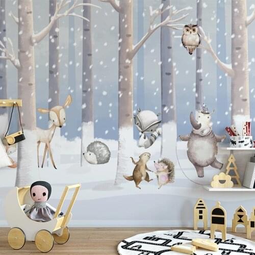Photo Wallpaper 3D Winter Snow Scenery Cartoon Animal World Mural Childrens Room Self-Adhesive Waterproof Papel De Parede Sala