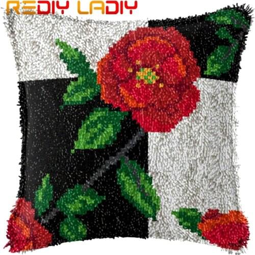 Latch Hook Cushion Poppy Flower Pre-Printed Canvas Cushion Front Acrylic Yarn Crochet Pillow Case Kits Hobby & Crafts Home Decor